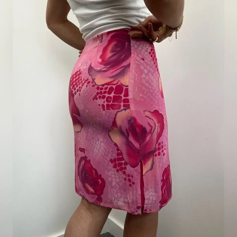 Vintage Y2K Guess Collection Pink Floral Rose Chiffon Pencil Mini Skirt Size 0